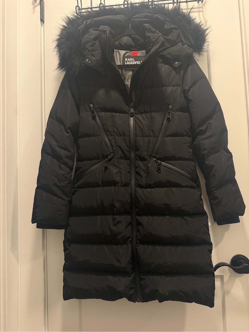 Karl Lagerfeld Paris Long Down Puffer Coat Black Faux Fur Hood Parka Size XS